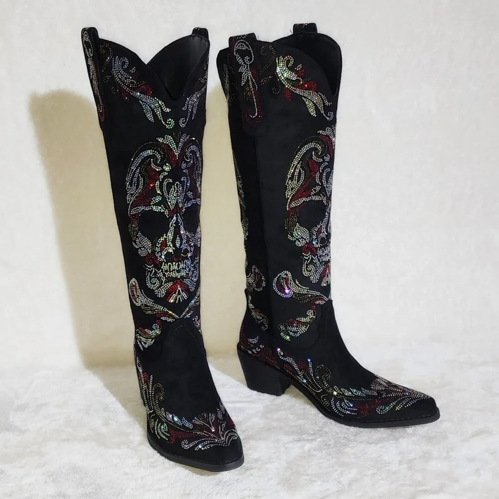 NIB MUERTO Goth Western Cowgirl Boots Sparkling Iridescent Rhinestones Skull - Picture 15 of 16
